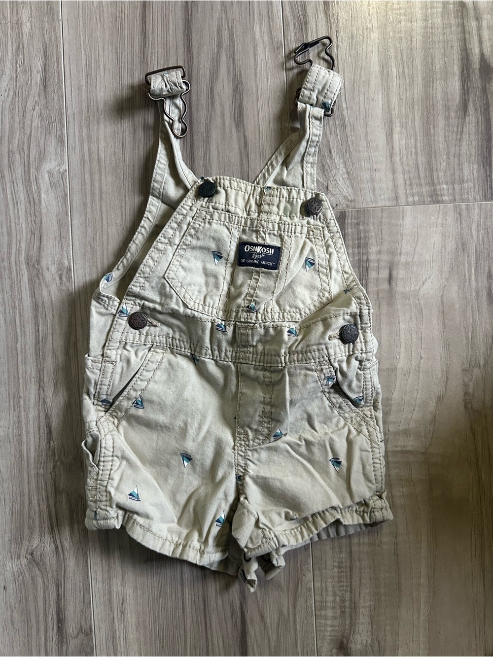 OshKosh B'gosh Cream Sailboat Short Overalls for Kids 6M